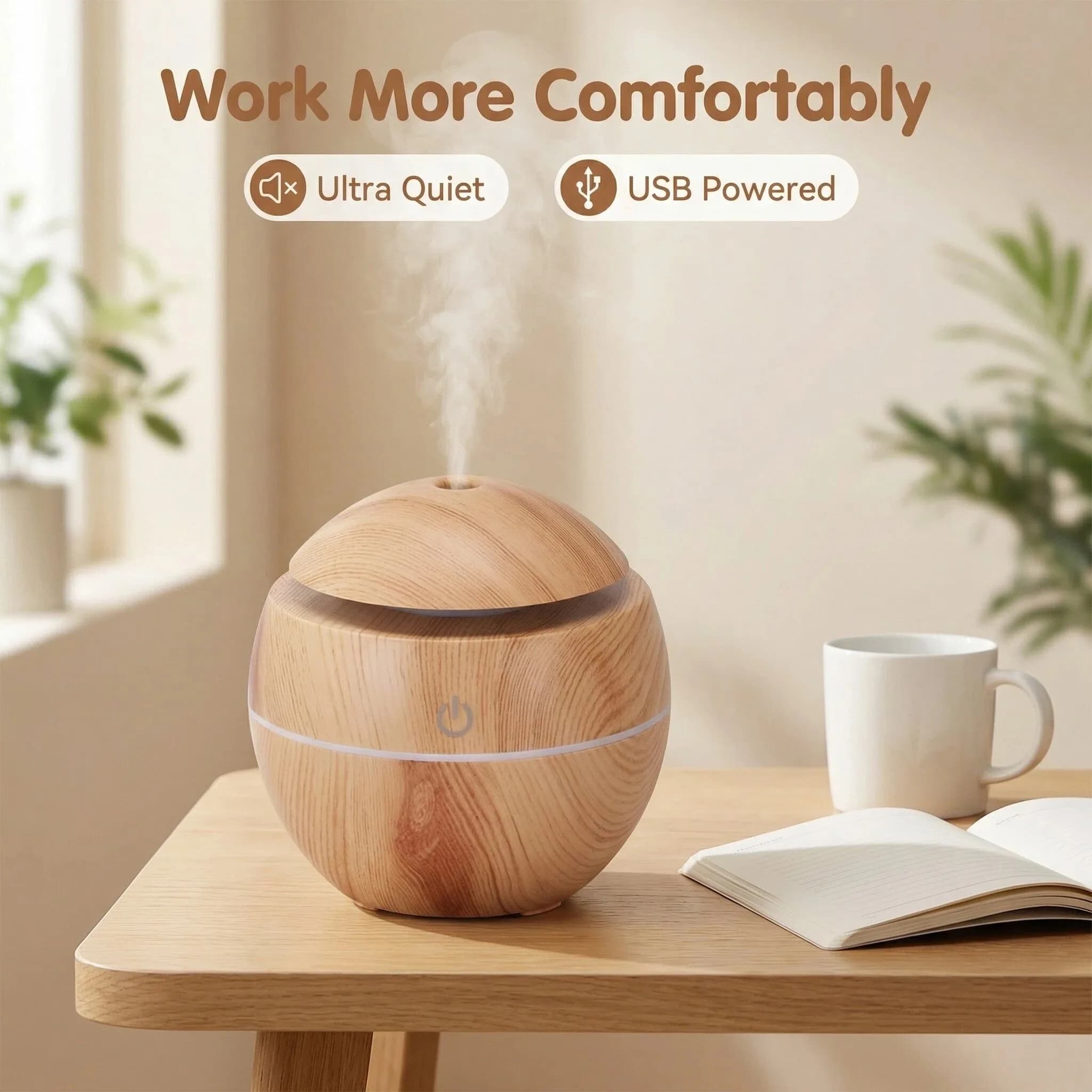 Mushroom Air Humidifier USB Aroma Diffuser Wood Grain 300ml Portable Mini Mist Maker with LED Night Light for Home Office Car