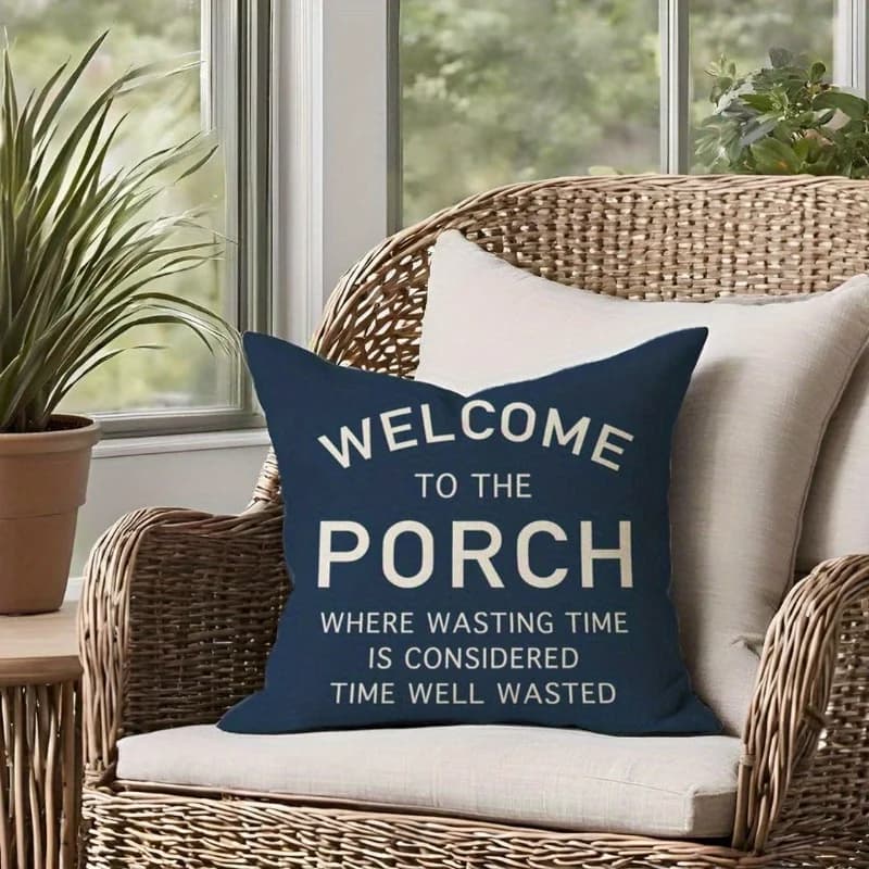 Fodera per cuscino blu stile rustico, con scritta 'Welcome to The Porch', decorativa per divano, panca, sedia, portico e arredamento casa