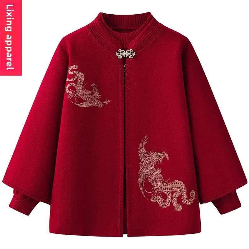 Elegant Embroidered Jacket And Sweater Set for Older Women Autumn Winter Fashion Mom Clothes Grandmother Style Open Cardigan