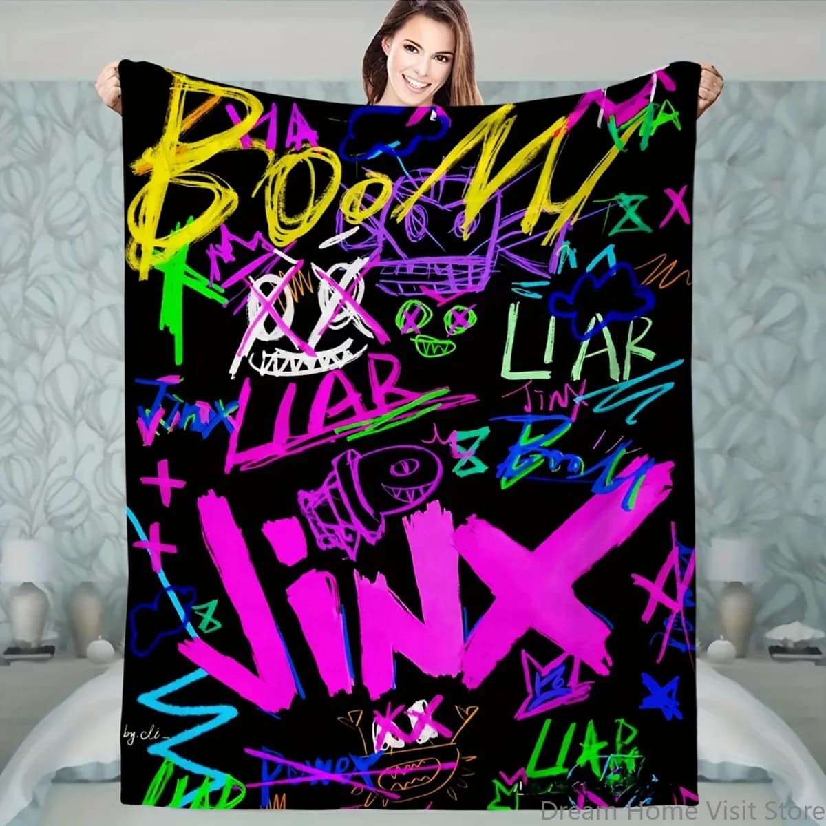 1 coperta in flanella stile graffiti contemporaneo, stampa di personaggi Jinx & Boom, multiuso per divano, letto, viaggi e campeggio