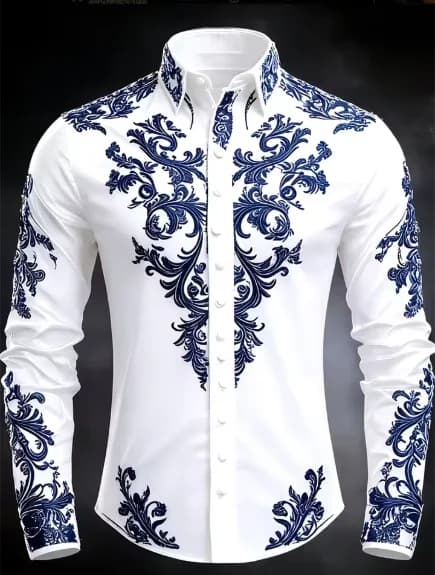 Men's Luxury Baroque Print White Satin Dress Shirt Long Sleeve Slim Fit Formal Business Party Button Down Shirt