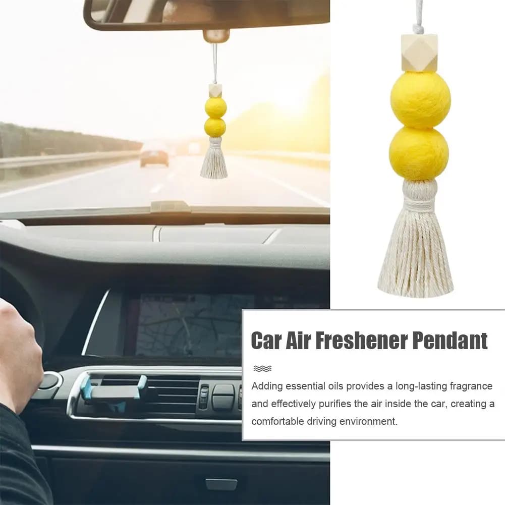 Diffusore per Auto da Appendere - Ornamento con Perle di Legno Naturale e Nappa in Feltro con Olio Essenziale, Aroma a Lunga Durata per Auto e Arredamento Casa
