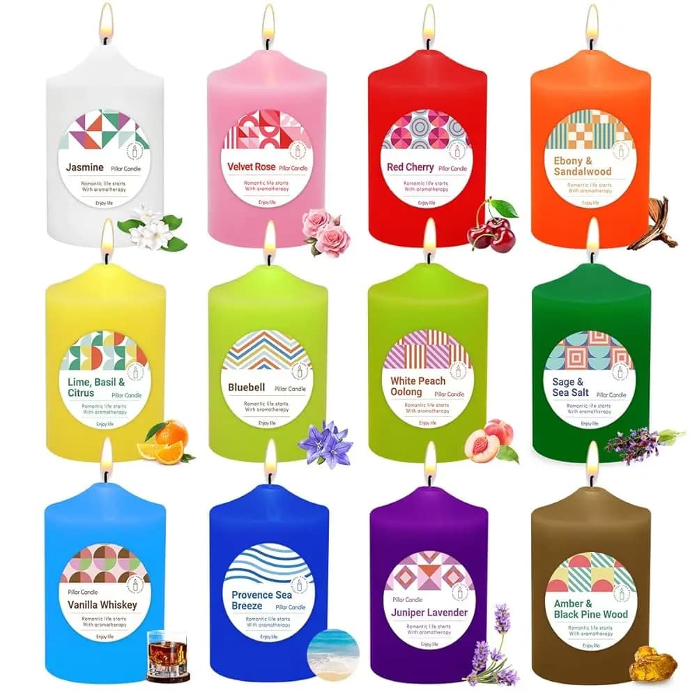 Set di 12 Candele Profumate Colorate a Colonna - Candele Grandi Senza Gocce e Senza Fumo, Durata di Combustione di 20 Ore
