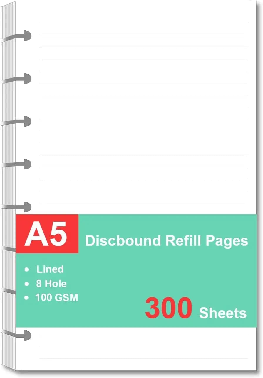 Carta a Fogli Mobili Formato Junior A5, 300 Fogli/600 Pagine a Righe, 5.5x8.5 Pollici, Ricarica per Quaderno/Agenda con Rilegatura a Disco