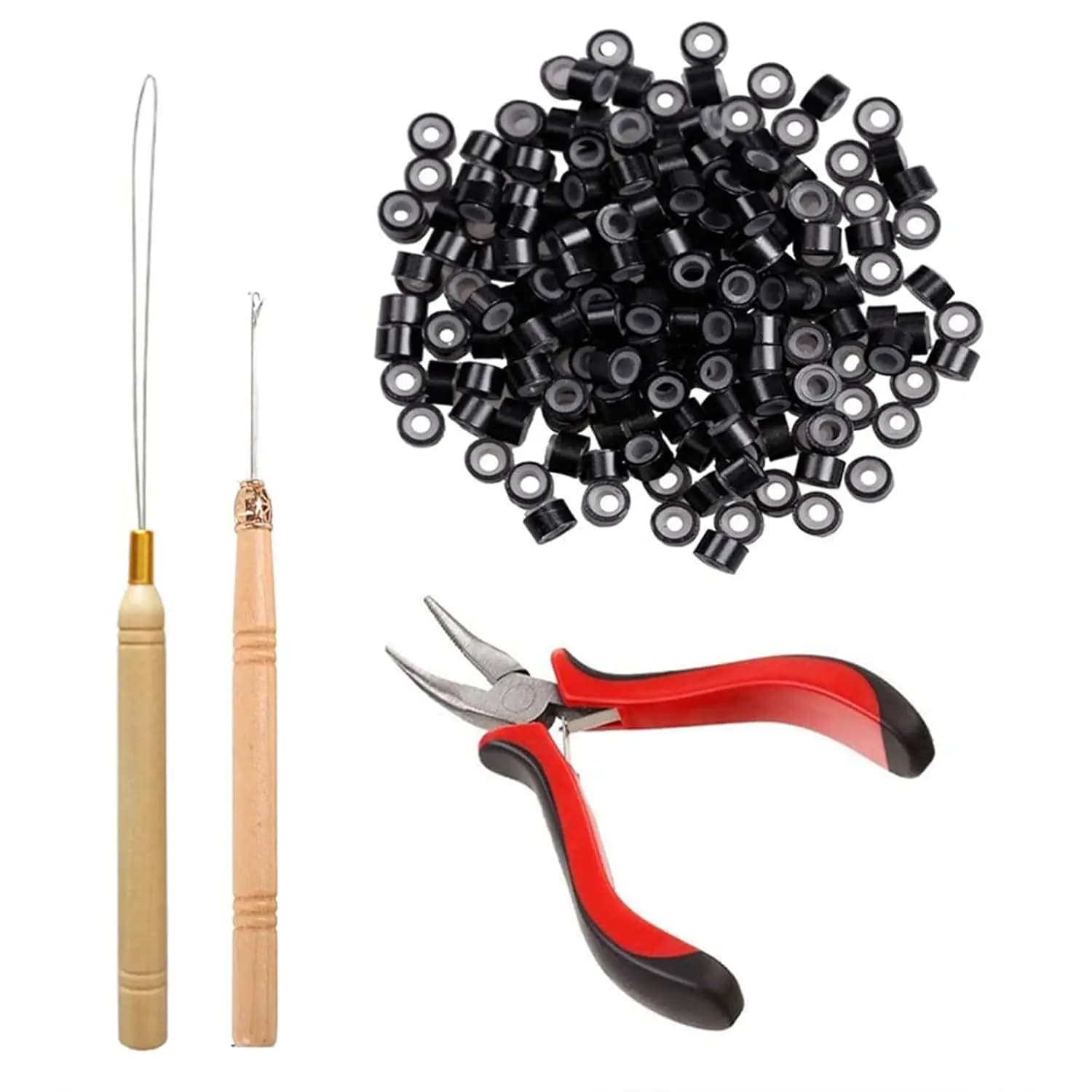 Kit per estensioni dei capelli Pinze per tirare il kit di strumenti per dispositivi con perline e micro anelli rivestiti in silicone nero da 100 pezzi