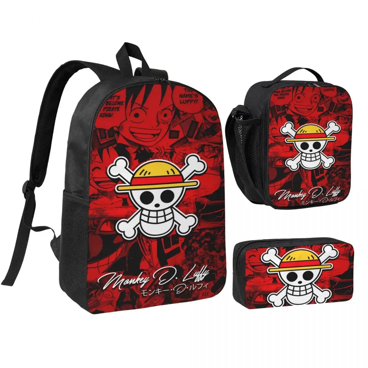 Set di 3 zaini Luffy One Piece per bambini, con astucci, zaino e borsa termica per il pranzo, per studenti della scuola primaria.