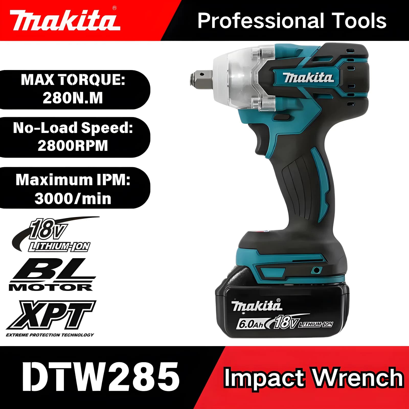 Makita DTW285 18V Set Utensili Avvitatore a Massa Battente Brushless a Batteria 280Nm di Coppia, per Rimozione Pneumatici, Litio, Riparazione Auto