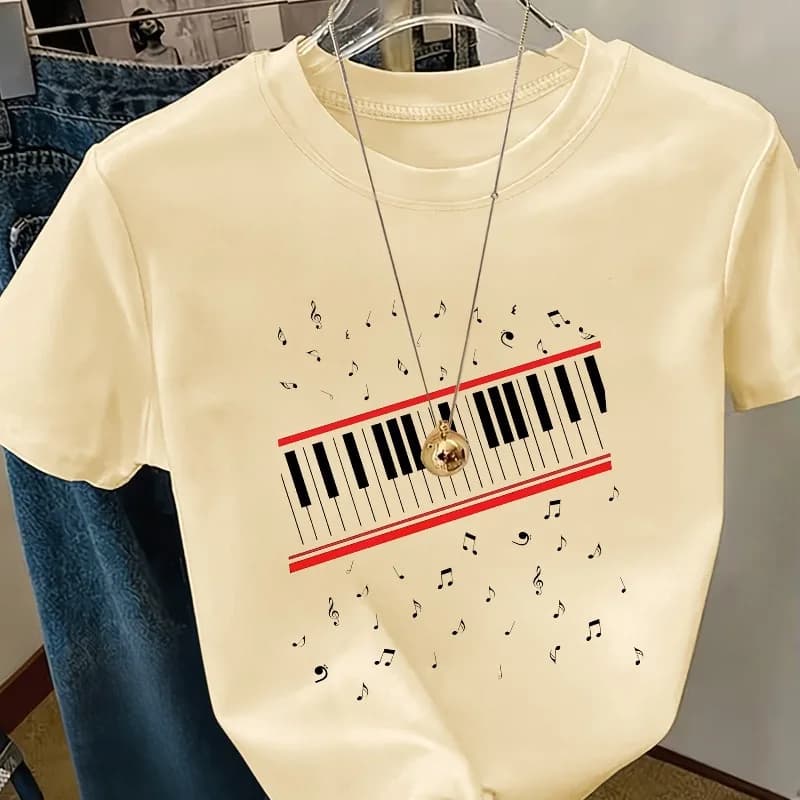 Ladies' Fashionable Piano Keyboard T-shirt, Ladies' T-shirt Y2K Summer New Item, Unisex Casual Top