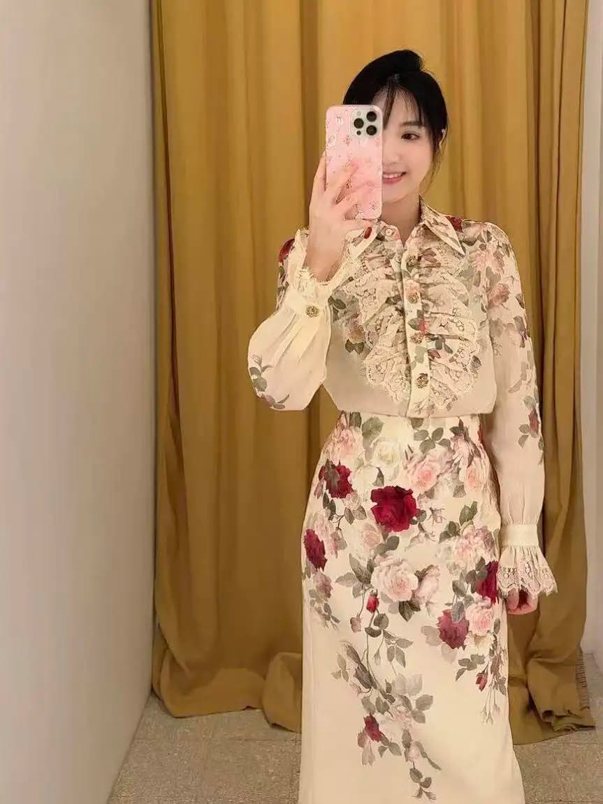 Long Sleeve Loose Pencil Skirt Floral Waterfall High-End Luxury Set Light Patterned Women's Fashion Ensemble Autumn Winter