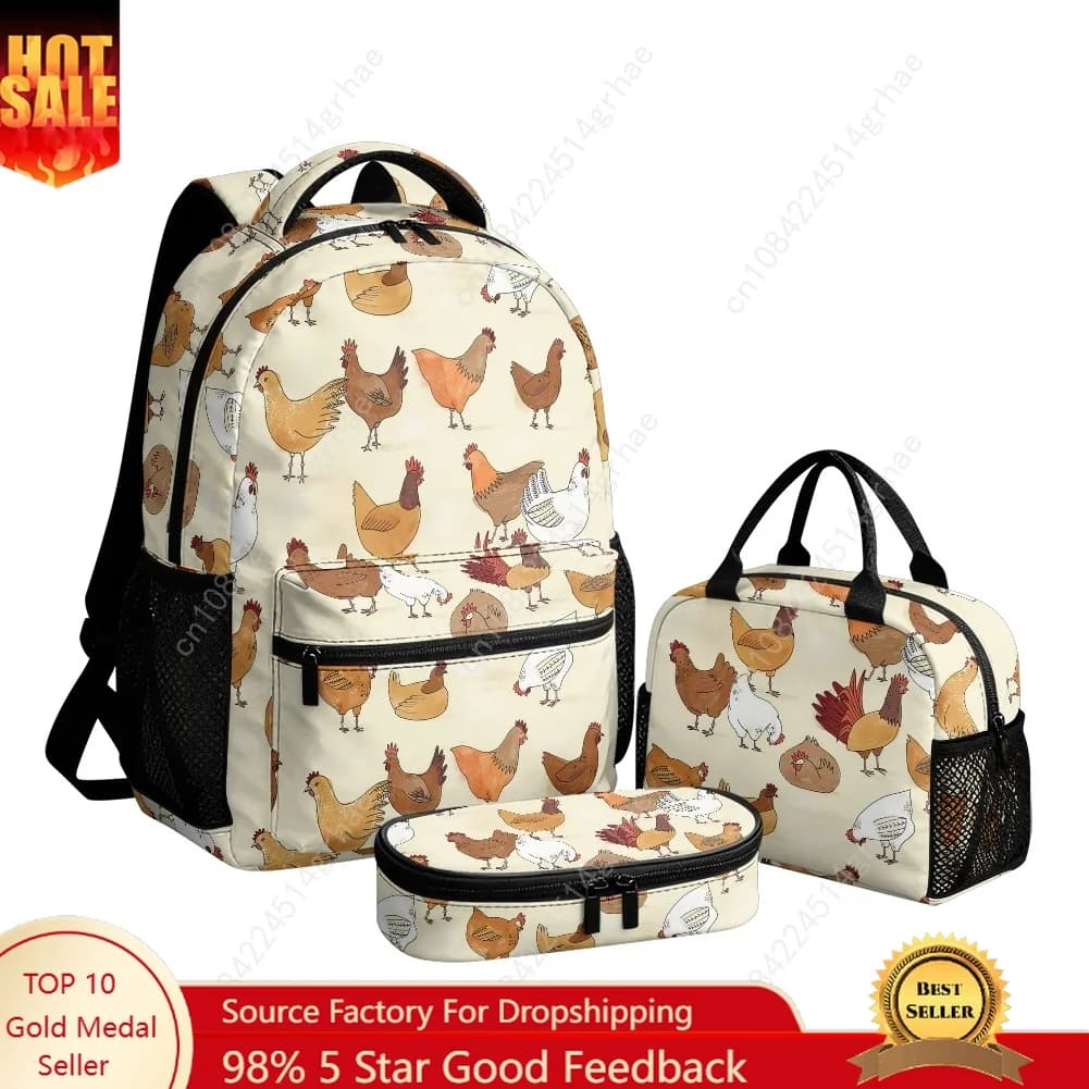 Cartoon Rooster Print Custom Leisure All-Over Print 3-Piece Backpack Set (Includes Backpack, Lunch Bag, and Pencil Case)