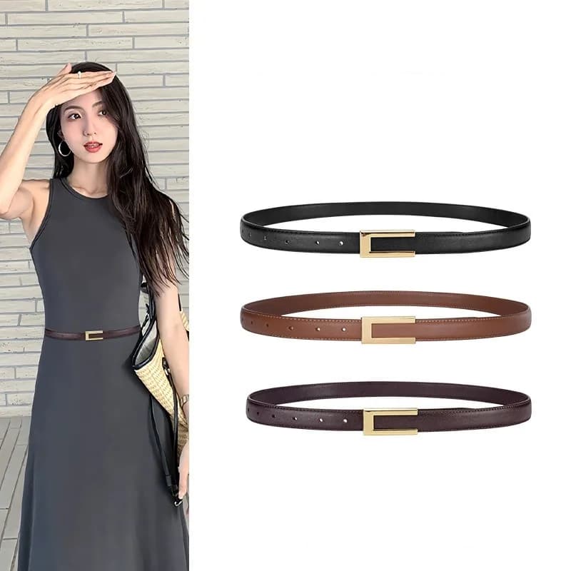 Women's Leather Belt Minimalist Genuine Leather Thin Waist Belt Decorative Ladies' Belt For Dresses and Jeans