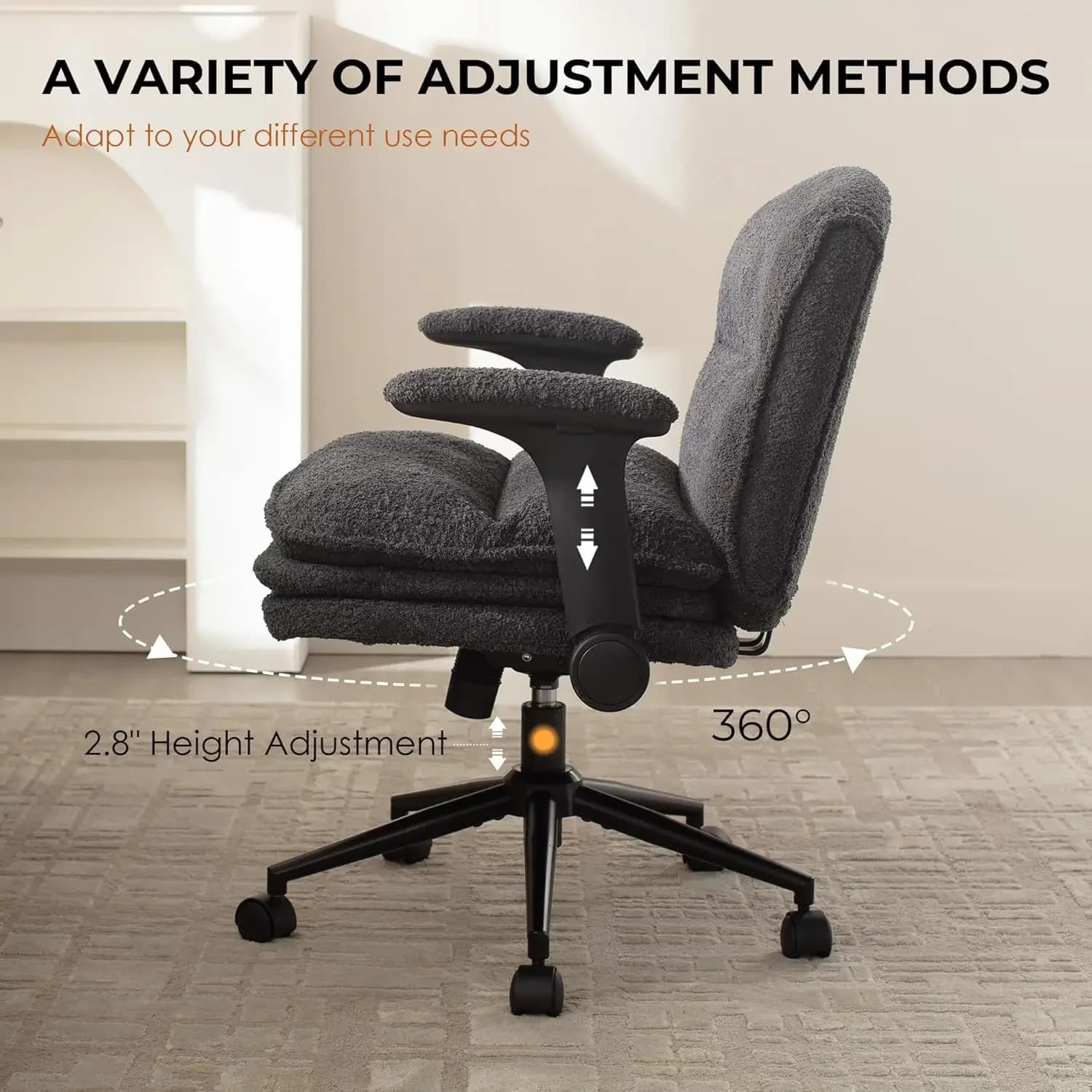 Sedia Criss Cross con braccioli regolabili e ruote, poltrona da ufficio ergonomica e confortevole con 3 strati di imbottitura, seduta ampia