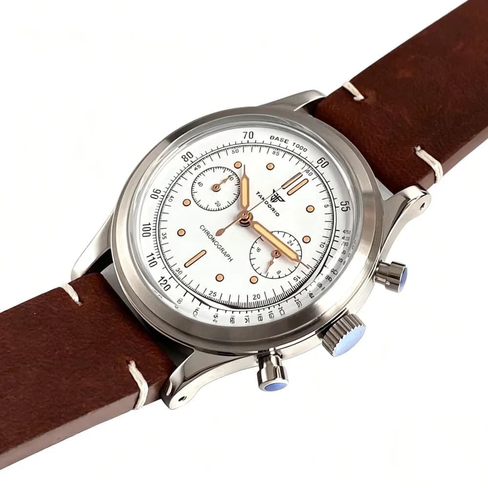 Orologio da Uomo Retro Tandorio con Movimento Miyota OS20, 38mm, Cronografo Sportivo al Quarzo, Quadrante Nero, Vetro Bombato