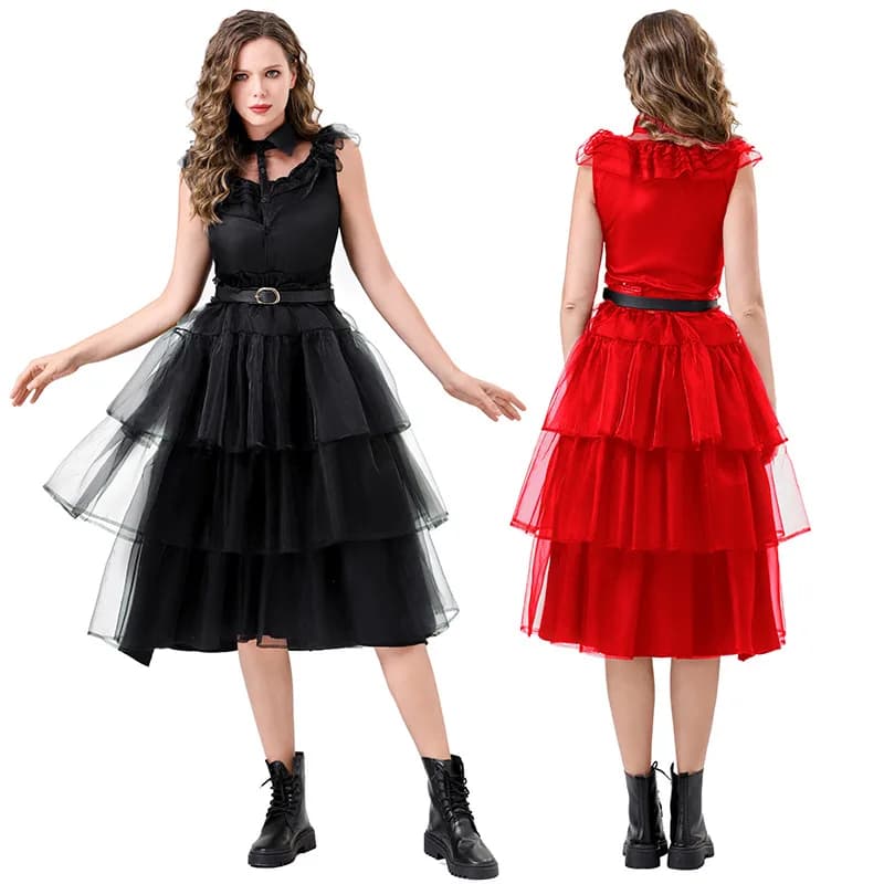 Abito da ballo nero da donna per adulti, ispirato a Wednesday Addams, gonna per feste di Halloween, taglie M-3XL, costume genitore-figlio, abito per performance teatrali