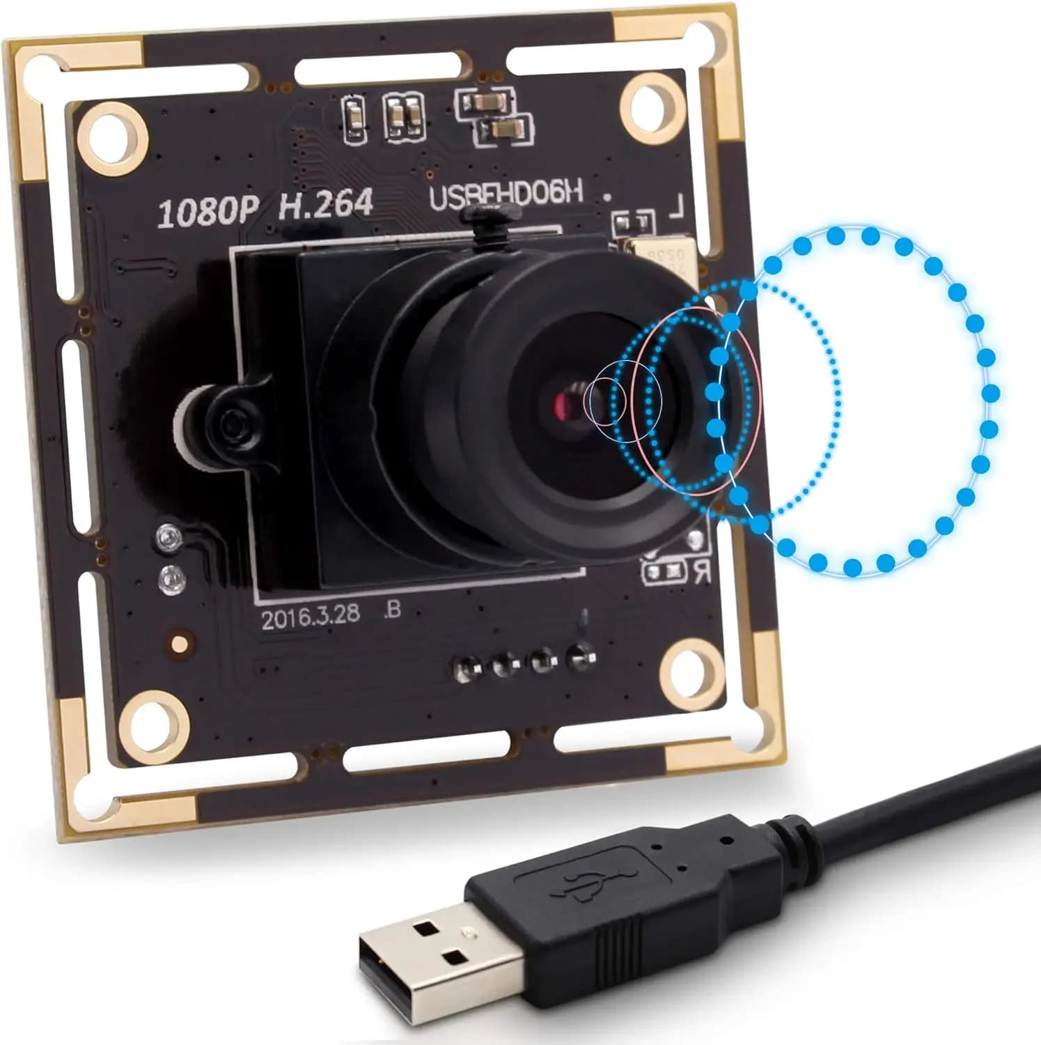 Mini USB 1080P Webcam Board with 3.6mm Lens and Built-in Microphone, Low Light IMX323 CMOS Sensor, UVC/OTG Compatible, H.264 Video Output for Security Cameras