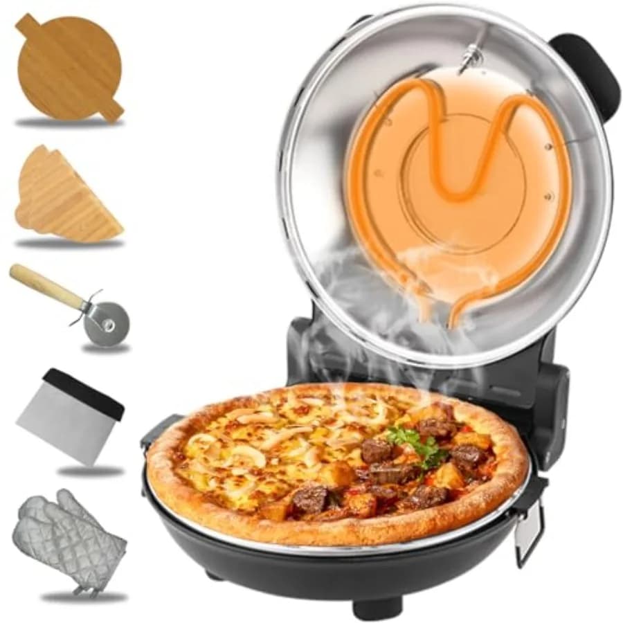 Pizza Oven Indoor, 12 Inch Retro Pizza Maker, Rapid Heating 800˚F, 1200W Glazed Ceramic Stone Electric Pizza Cooker, Two-button