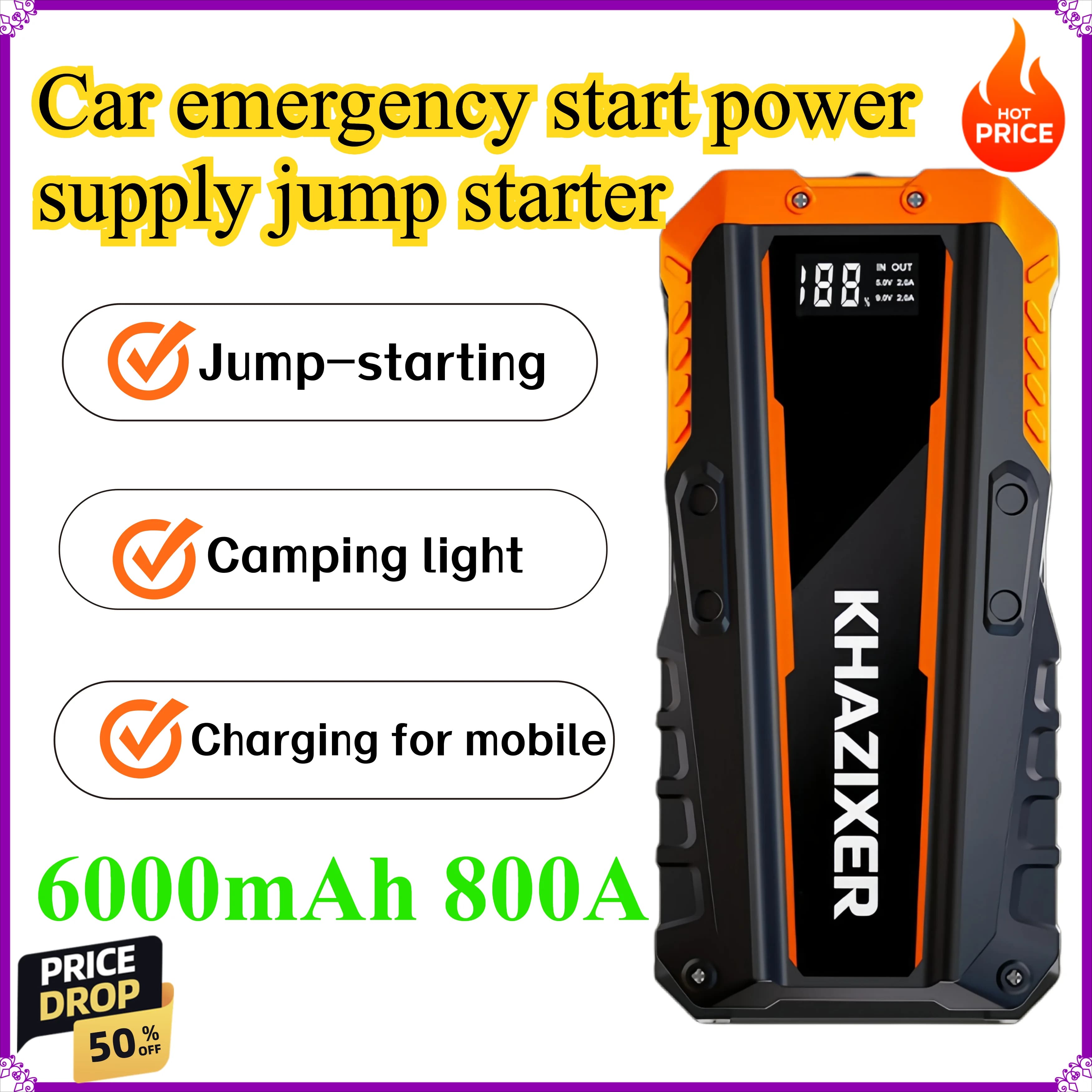 Avviatore di emergenza per auto, alimentatore di avviamento, dispositivo di accensione per auto da esterno, torcia ricaricabile, power bank per auto.