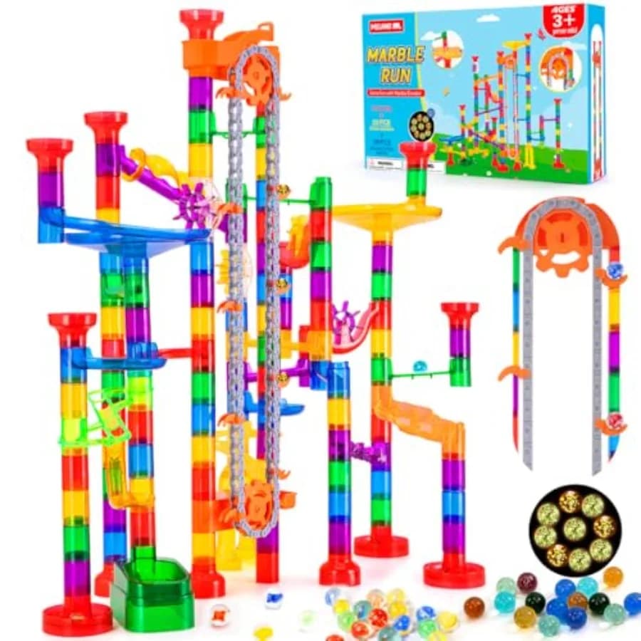 Marble Run, Construction Building Blocks Toys with 30 Glass Marbles and 30 Glow in The Dark Marbles, STEM Gifts for Boys and Gi