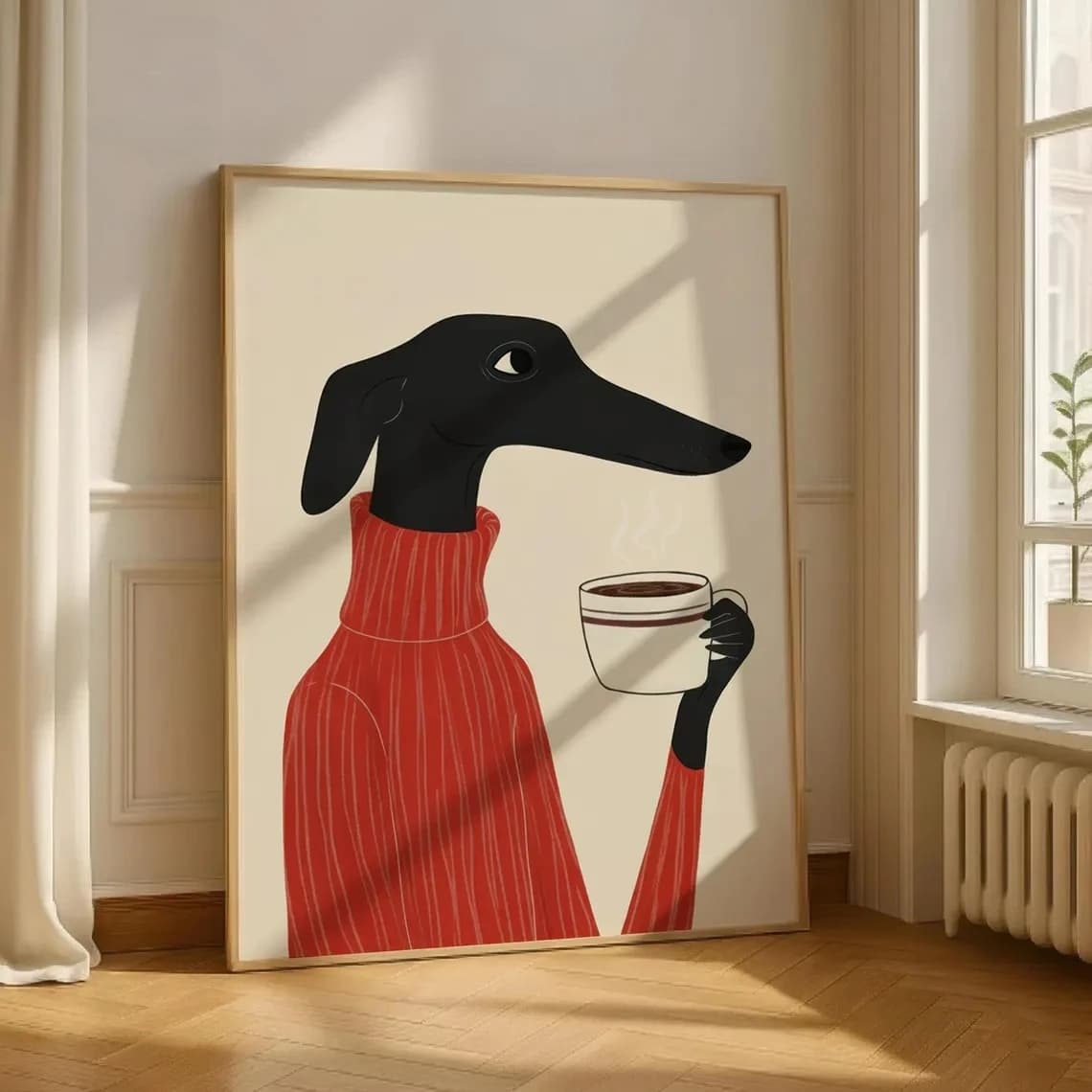 Greyhound Coffee Wall Art Canvas Print Whimsical Dog in Sweater Poster Nordic Wall Pictures for Living Room Home Decor Artwor