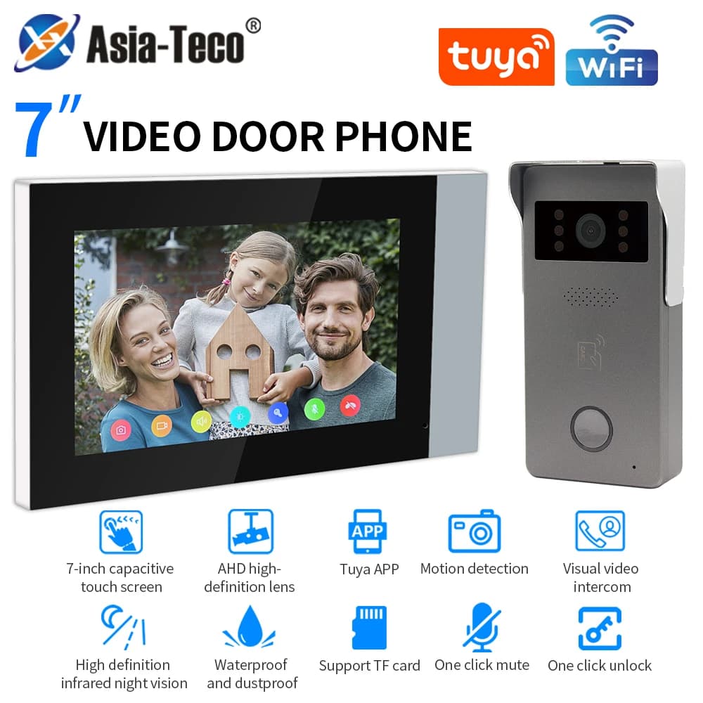 Sistema di campanello video WiFi Tuya a 2 fili, telecamera per porta citofono visivo 1080P, touch screen da 7 pollici, videocitofono IP per villa domestica
