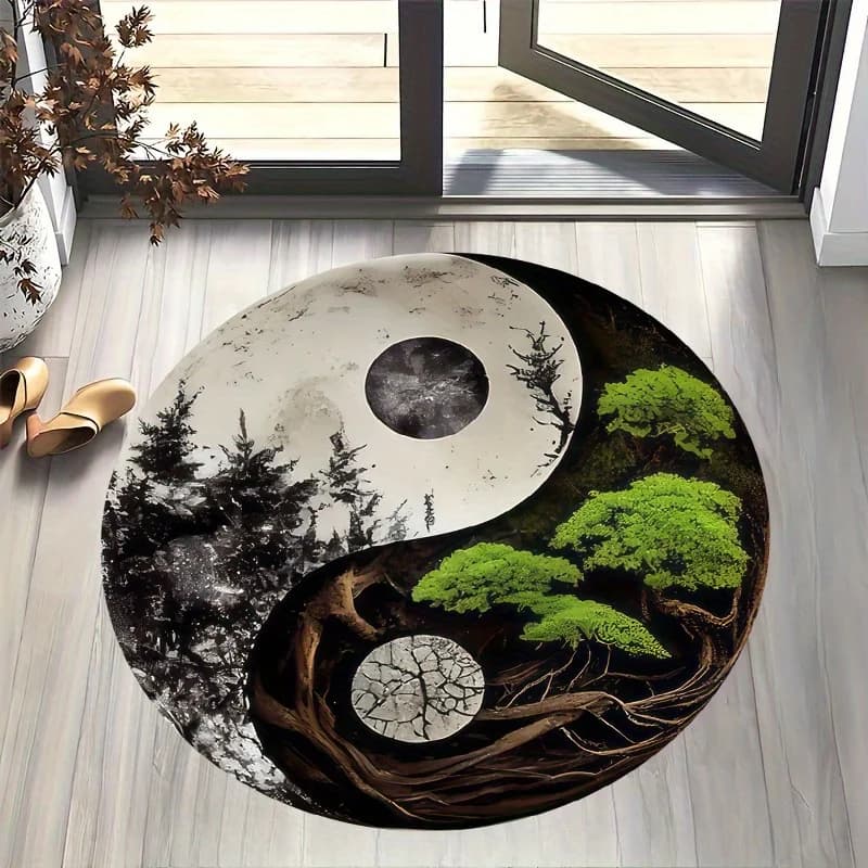 Tappetino rotondo per scena notturna in stile Taiji da 1 pezzo - Cuscino morbido in flanella, antiscivolo, tappetino in poliestere realizzato a macchina con design Yin-Yang