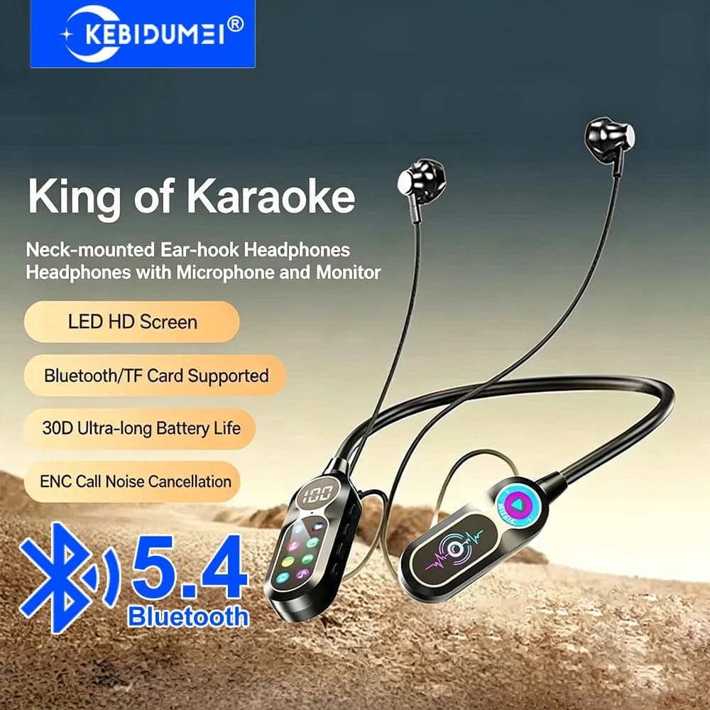 KEBIDUMEI Auricolari a Collare con Schermo HD, Audio HiFi, Bluetooth 5.4, Cuffie Wireless per Sport e Gaming, Monitor In-Ear