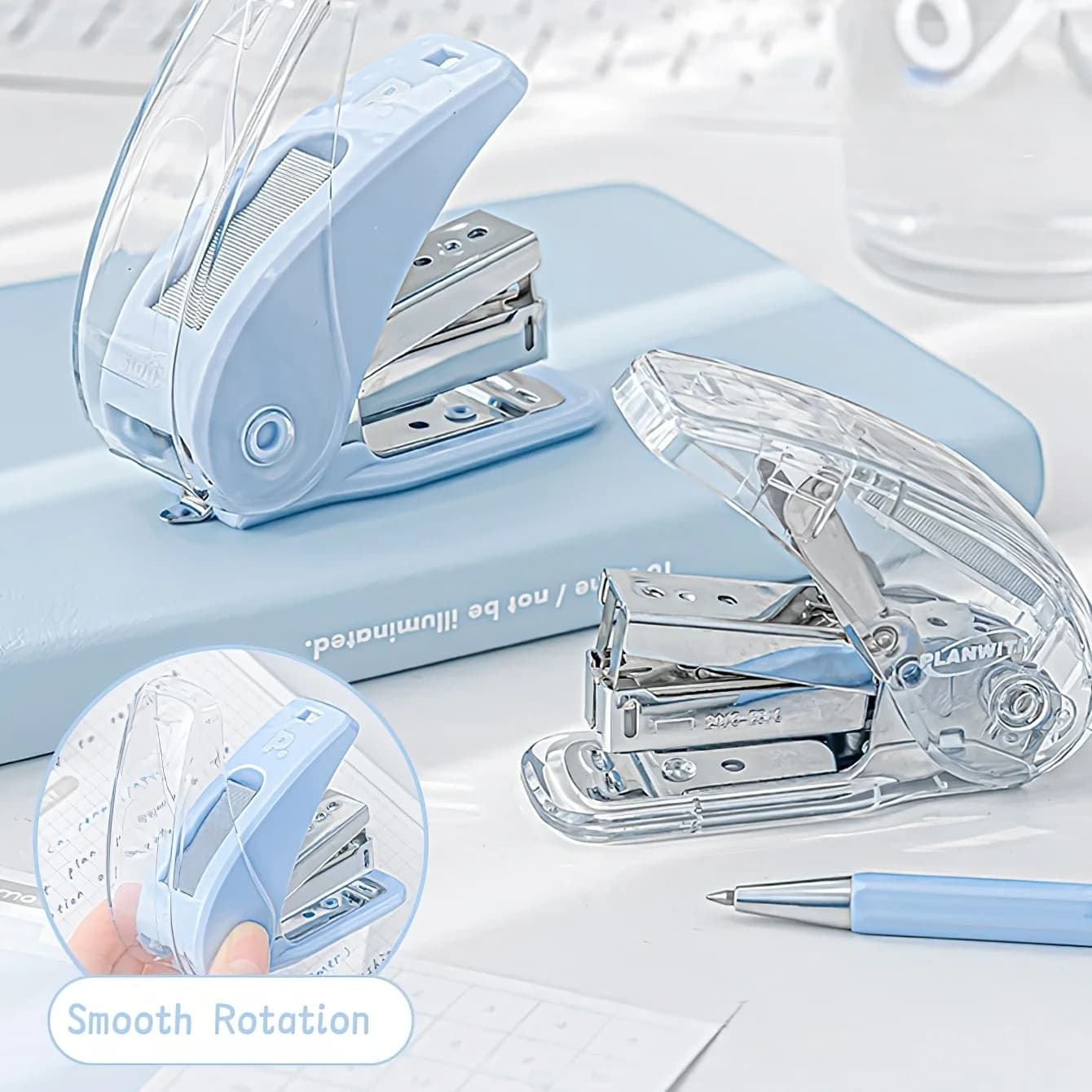 1 mini cucitrice portatile trasparente con design trasparente, cucita fino a 20 fogli, contiene 100 graffette – Compatta per scrivania da ufficio A3310