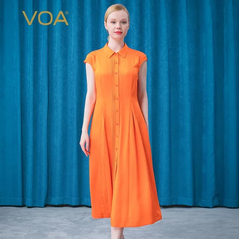 VOA Seta arancione 22 m/m Borsa jacquard scuro Polsino rotatore Tubo dritto Design a pieghe larghe Colletto POLO Abito camicia Estate 2022 AE738