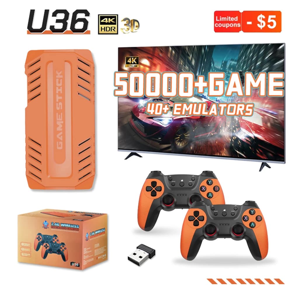 2026 New U36 PRO Game Console 128G 4K Mini Video GameStick Built-In 50000+ Games 40+ Emulators Retro Games Dual 2.4G Controller