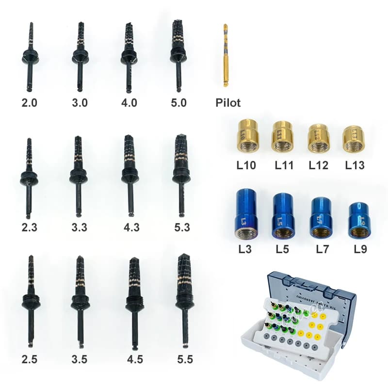 21Pcs frese per osseoddensificazione dentale con tappi perni paralleli punte per impianti chirurgici dentali in titanio nero