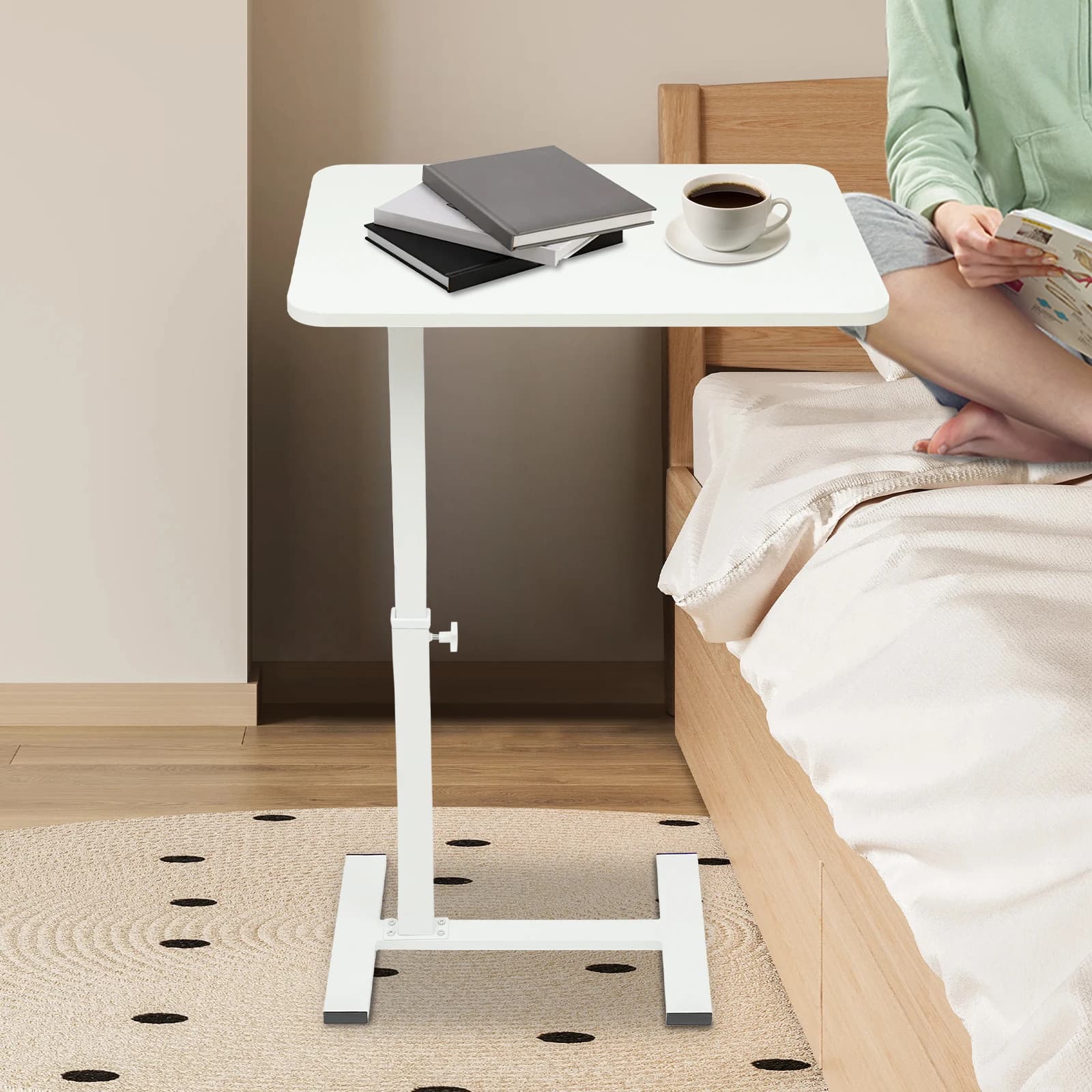Adjustable Bedside Table on Wheels, Height Adjustable Laptop Desk with H-Shaped Stable Base, Large MDF Computer Stand for Bed Sofa Floor, Mobile Side Table for Reading Working Eating, Housewarming Gift for Home Office Hospital, Black/White