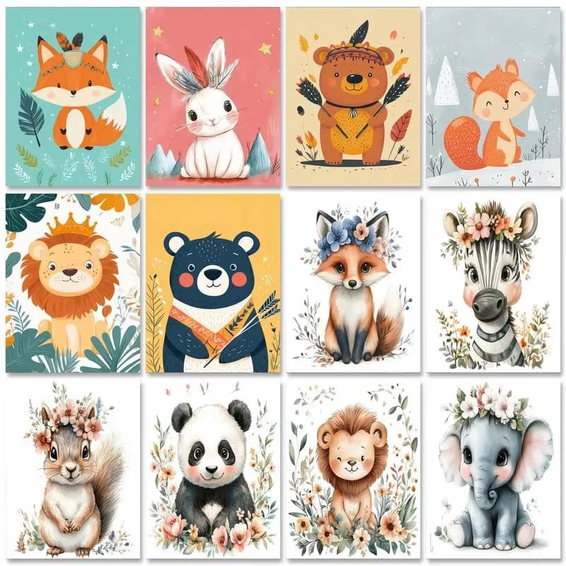 Whimsical Floral Animal Diamond Painting, Adorable Woodland Creatures with Flower Crowns, Great as a Unique Gift and Wall Deco