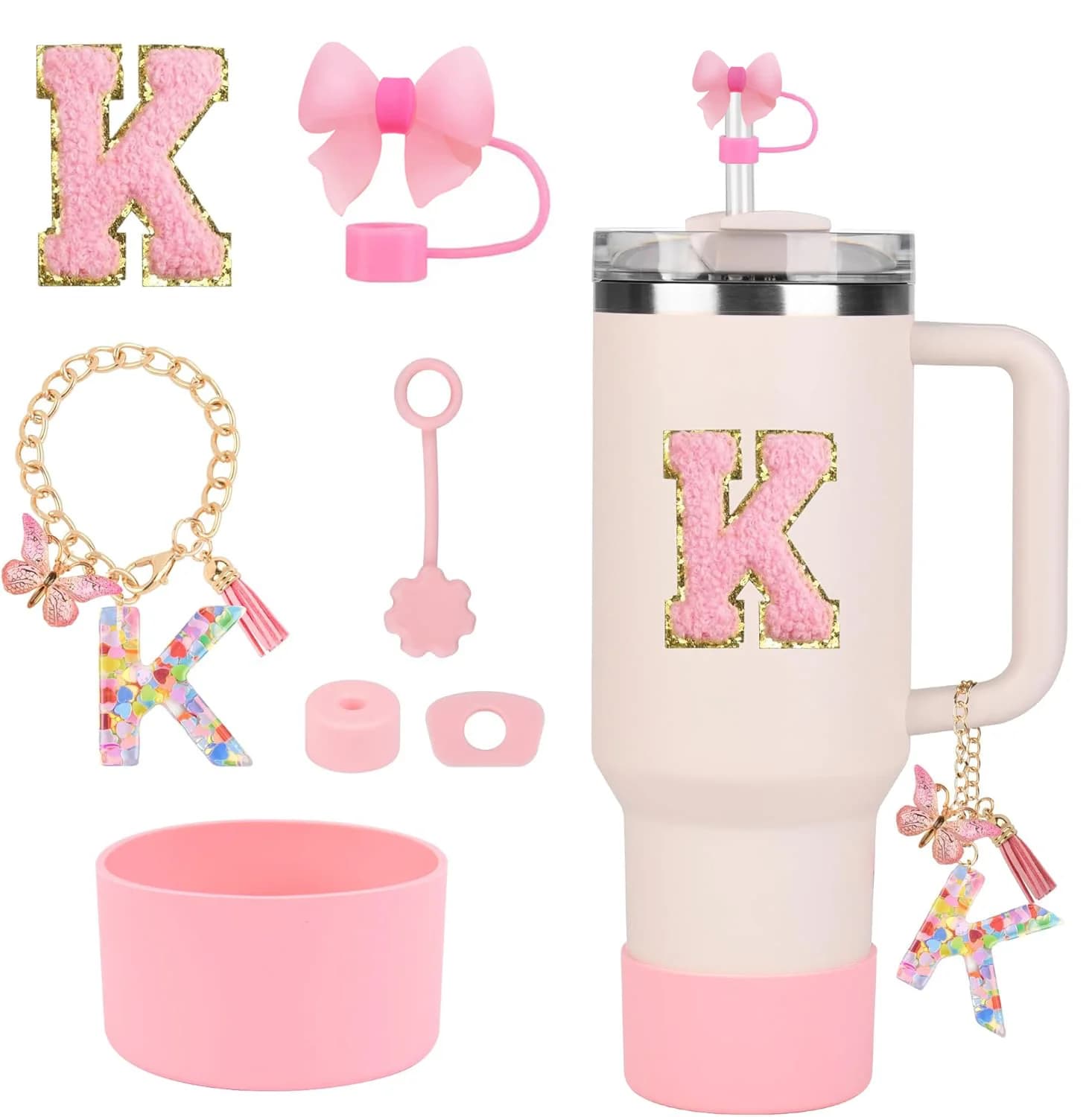 7 pezzi Set di accessori per tazze per Stanley 30oz 40oz Bicchiere Tappo di copertura in paglia Boot Tappo a prova di fuoriuscite Lettera Portachiavi Fascino adesivo