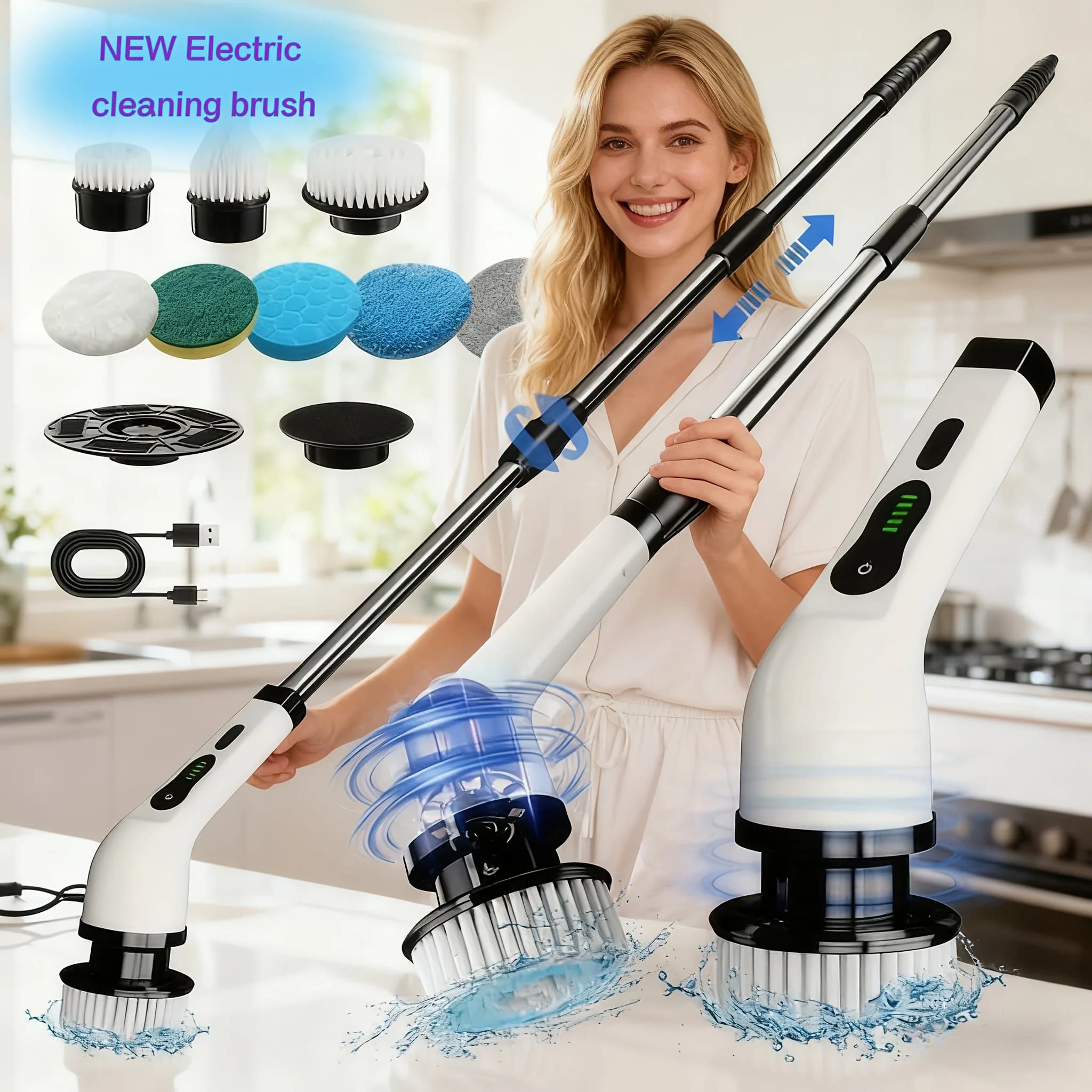 Spazzola elettrica rotante 9 in 1, con manico telescopico regolabile, dotata di 9 testine di ricambio, con display del livello della batteria, ideale per piastrelle e pavimenti, batteria al litio ricaricabile tramite USB, adatta per uso domestico.