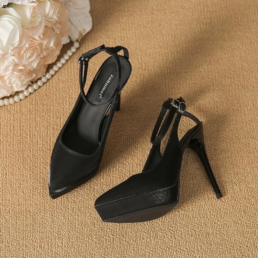 Sandali con testa a una parola Sandali estivi da donna con testa a punta Tacco sottile Tacchi alti Tavolo impermeabile Scarpe singole in raso con tacco super alto