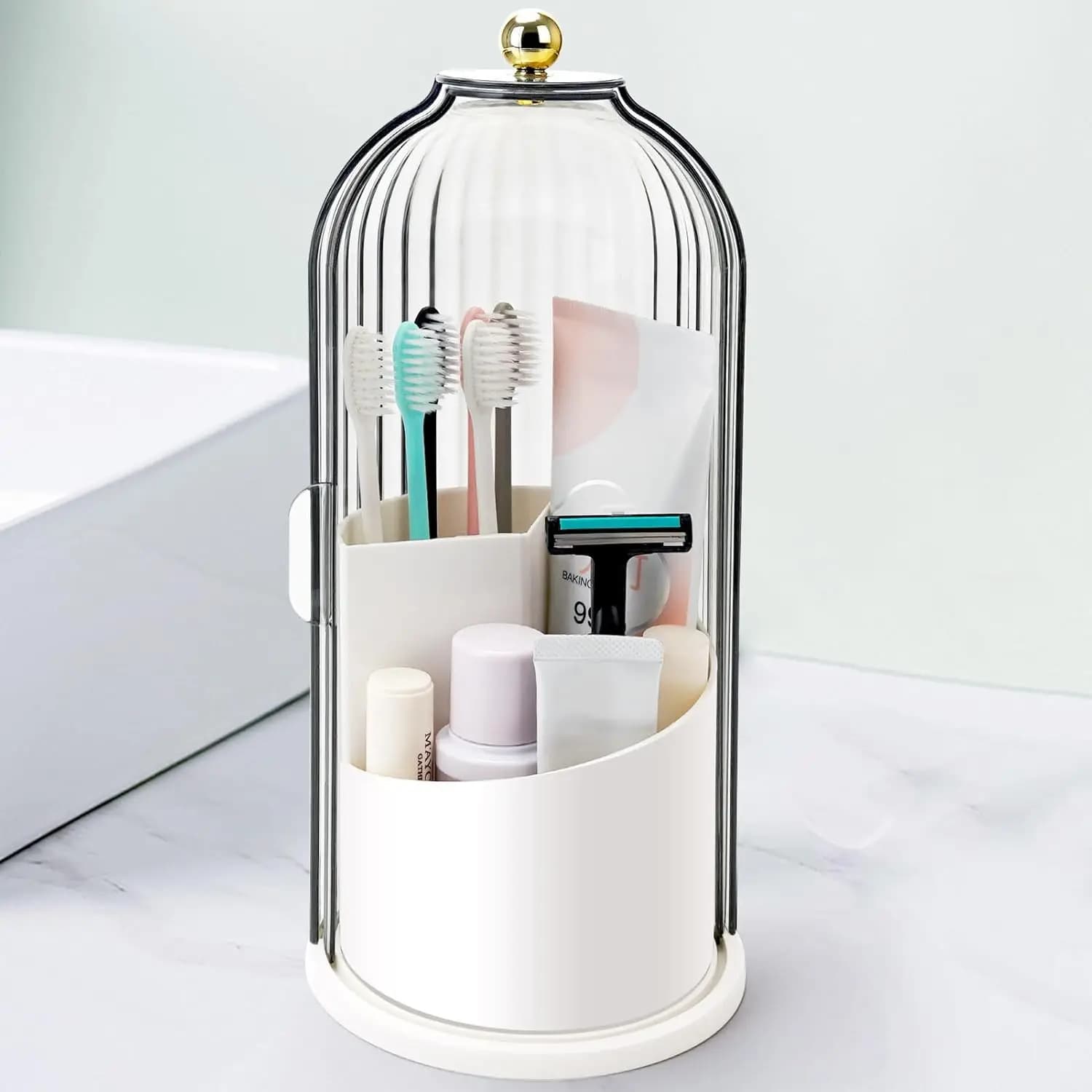 Portaspazzolini con Coperchio Scorrevole e 3 Slot Girevoli, Organizzatore da Bagno per Vanity e Pennelli da Trucco