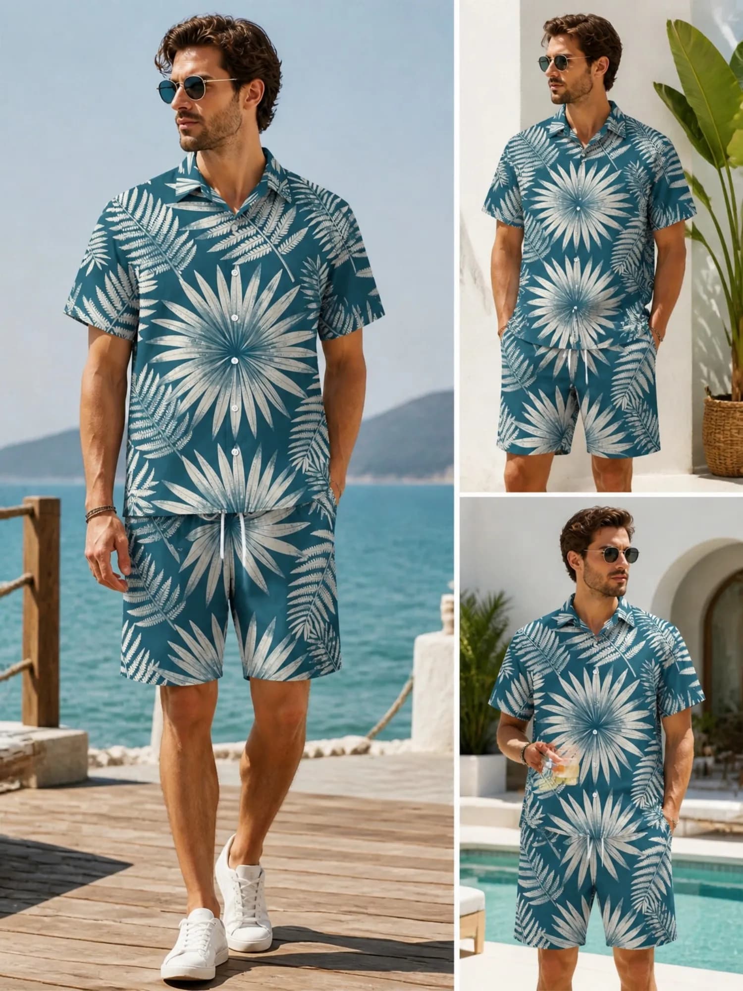 Mens Floral Short Sleeve Shirt and Drawstring Shorts Set Beach Vacation Casual Beach Two Piece Vacation Resort Outfit Travelwear
