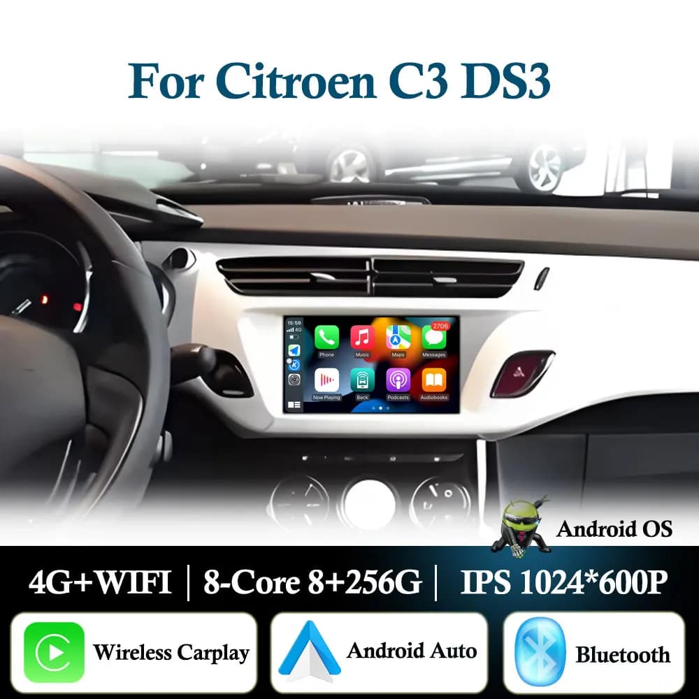 7 "Android Auto Per Citroen C3 DS3 Autoradio Lettore Multimediale Monitor di Navigazione Stereo GPS BT Wireless Carplay Touch Screen