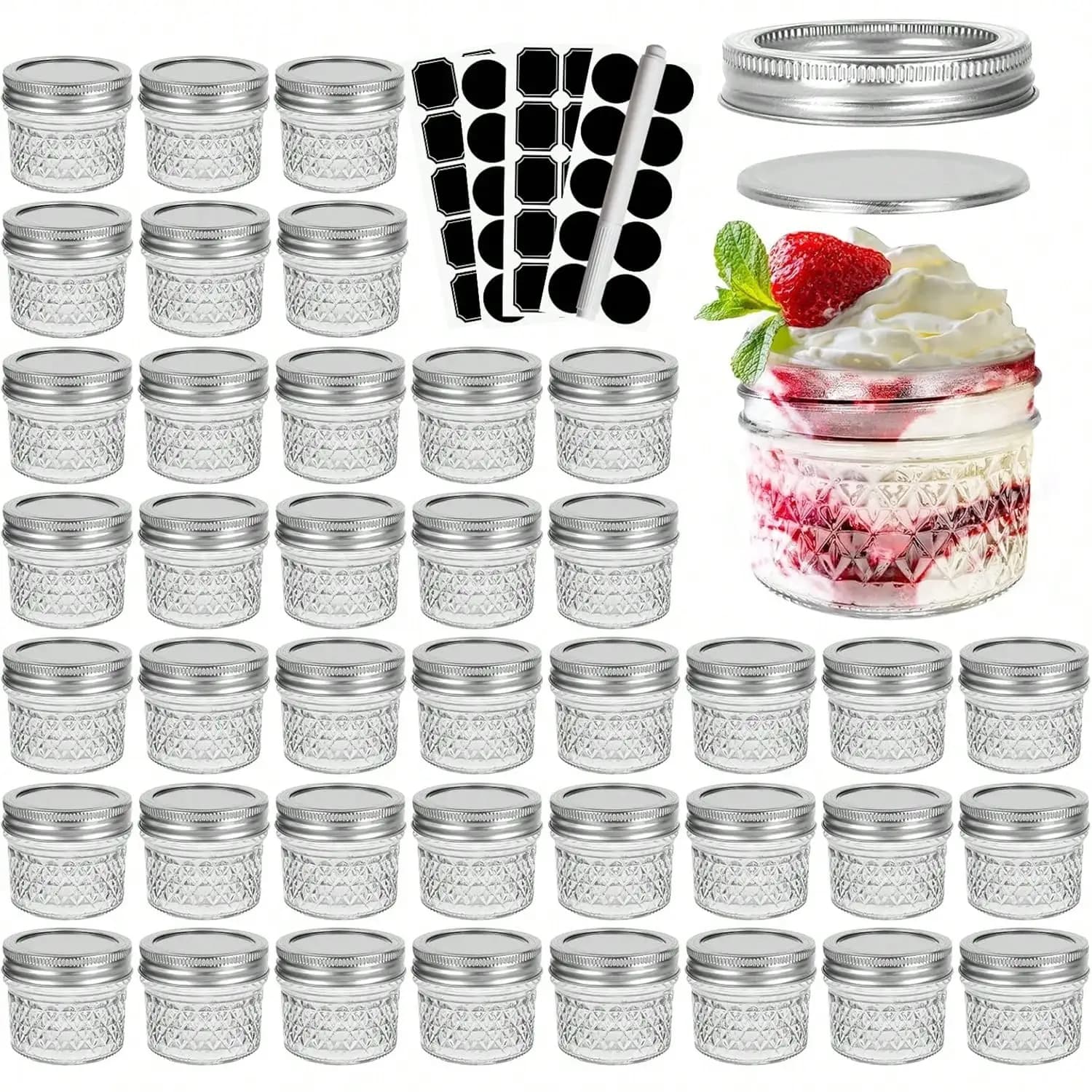 24 Pcs 4oz Clear Glass Mini Mason Jars With Silver Split Lids Quilted Diamond Spice Canning Jars Small Jelly Honey Storage Container Set With Labels Pen For Kitchen Wedding Favors Gift