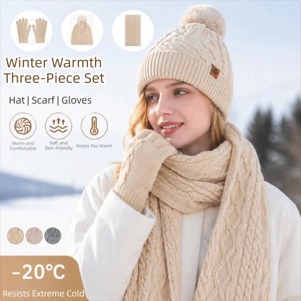 Neck Protector 3-Piece Set Hat Scarf Gloves Set Twist Solid Color Warm Knit Cap Thicken Wool Winter Beanie Hat Skiing