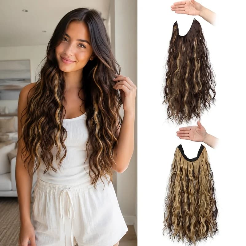 Long Synthetic Fishing Line Hair Extensions Elegant Water Wave Curly Styles for Women Lightweight Fluffy-Looking Hairpiece