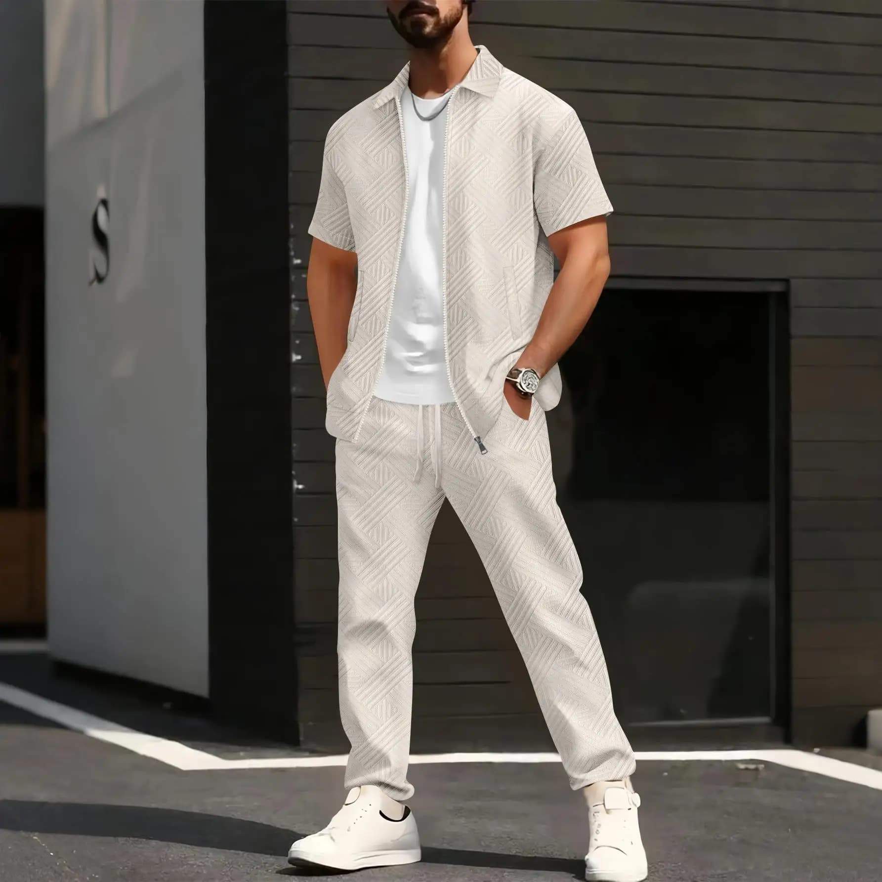 Men's Cardigan Short Sweater Jacket Long Pants Set Casual Sportswear Seven-Quarter Sleeve Zipper Top Full-Length Trousers