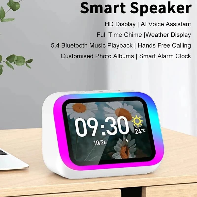 2026 New Smart Bluetooth Alarm Clock with Weather Display Night Light Music Story Player Photo Frame APP Control Speaker Gift