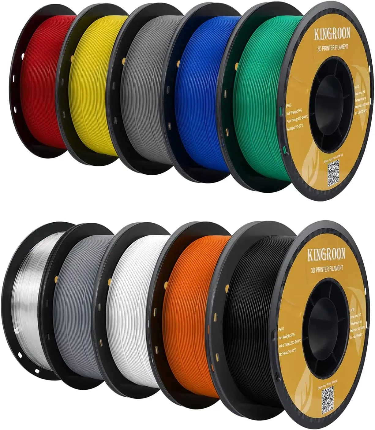 Filamento per stampante 3D in PETG, 10 rotoli, precisione dimensionale +/- 0,03 mm, bobina da 1 kg (2,2 libbre), 1,75 mm, 10 kg, dieci colori: nero, bianco, grigio