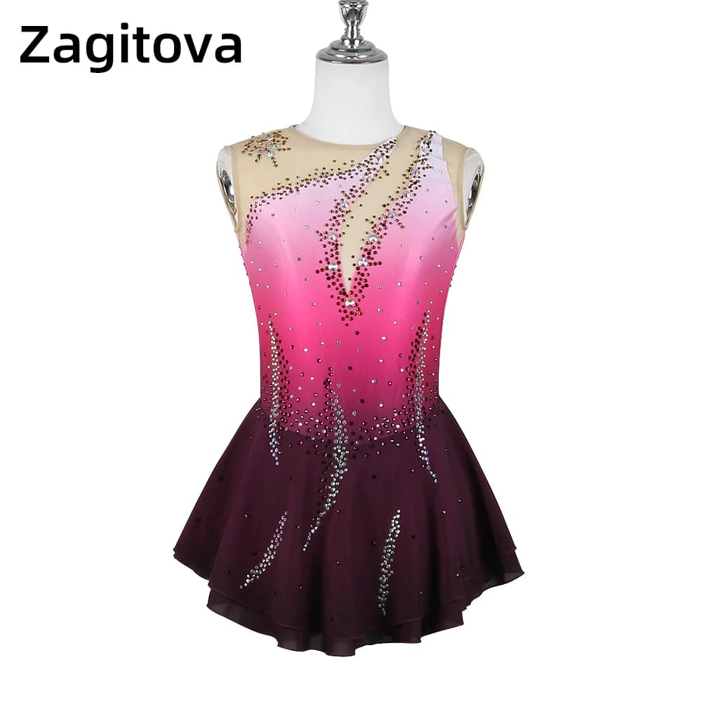 ZAGITOVA Abito da pattinaggio di figura Donna Ragazza Gonna da pattinaggio su ghiaccio senza maniche Gonna in rete con strass Sfumato rosso