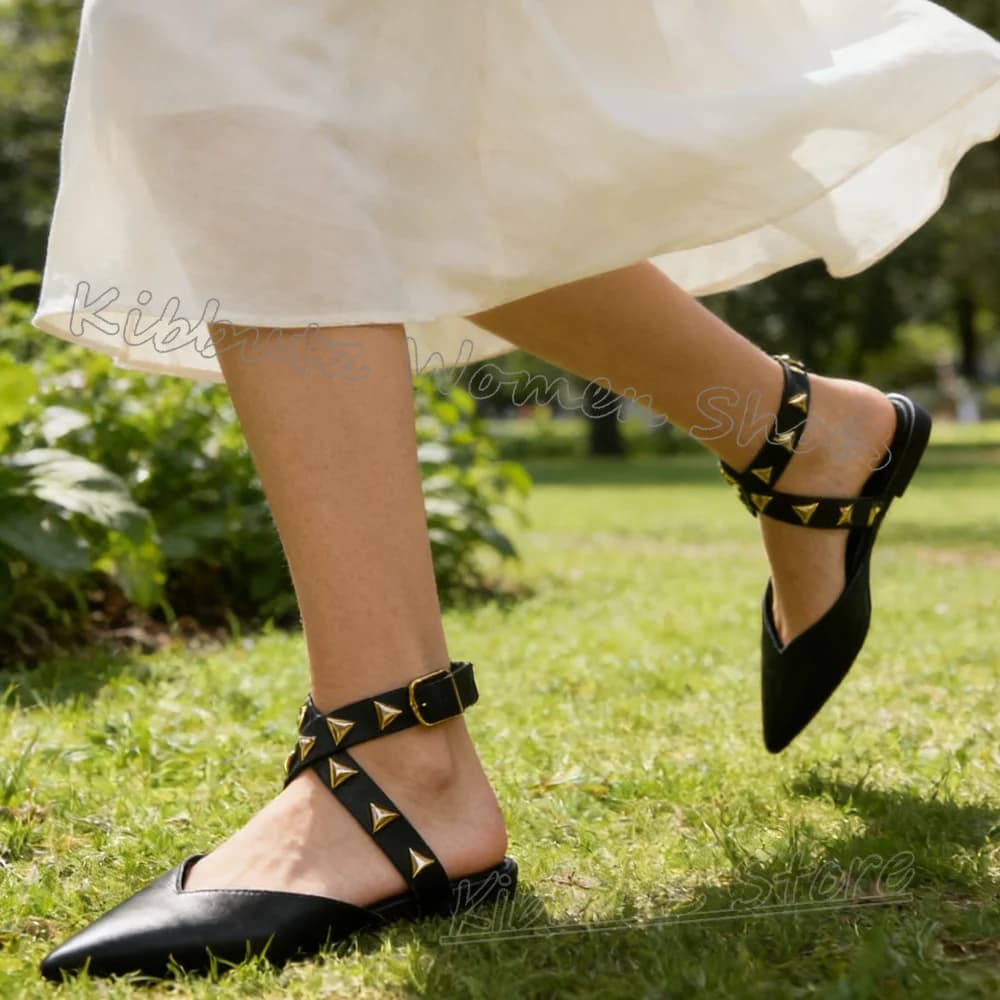 Rivets Cross Strap Pumps Leather Solid Color Pointy Flat with Women Shoes Punk Rock Fashion Novelty Concise Elegant Luxury New