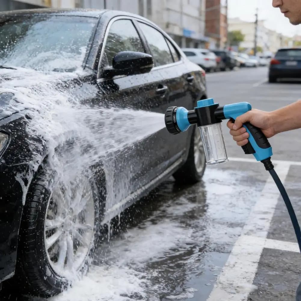 Schiuma per Lavaggio Auto con Dispenser di Sapone, Ugello per Tubo da Giardino ad Alta Pressione, Spruzzatore di Schiuma Regolabile per Lavaggio Auto e Veicoli