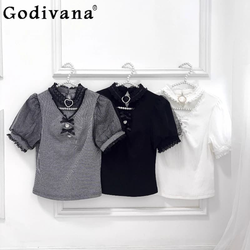 Stile giapponese Sweet Love Diamond Bow Manica corta Top in maglia Estate Nuove ragazze T-shirt scozzese sottocultura da donna con colletto