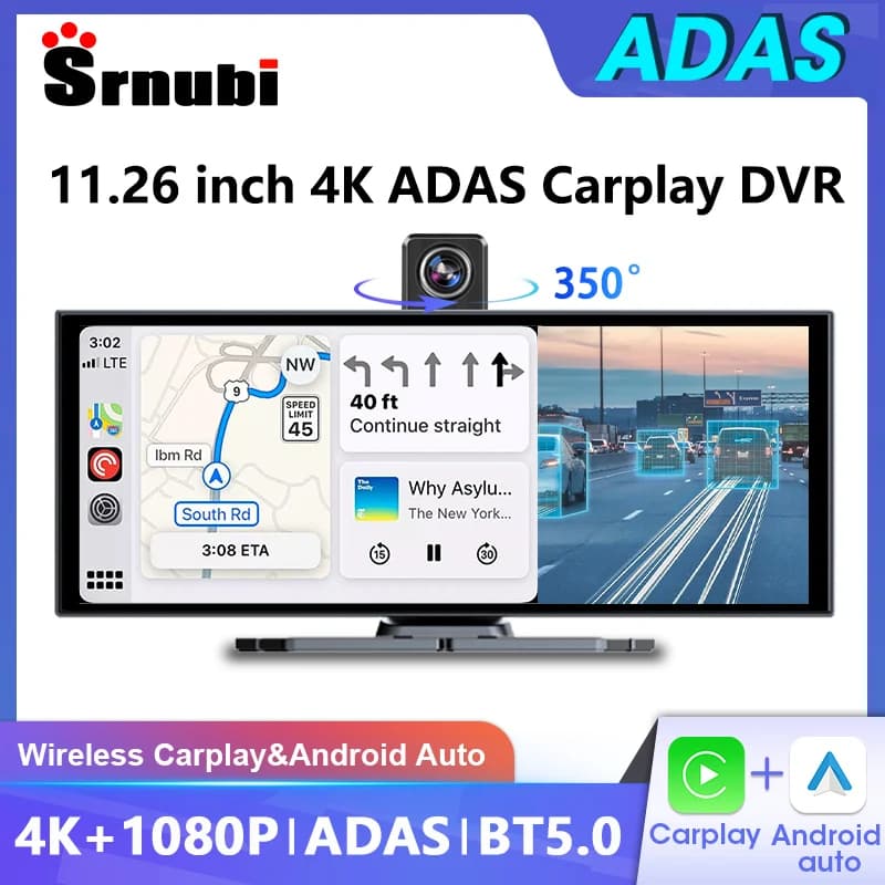 Srnubi Dash Cam ADAS 11.26 inch 4K with Carplay Wireless, Android Auto, Bluetooth, Video Recorder for Dashboard, Monitor Auto FM AUX