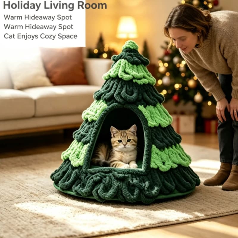 Christmas tree cat nest, finished DIY autumn and winter warm semi-closed cat felt cone nest